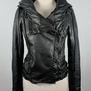 All Saints Black Leather Hooded Jacket UK 10 US 6